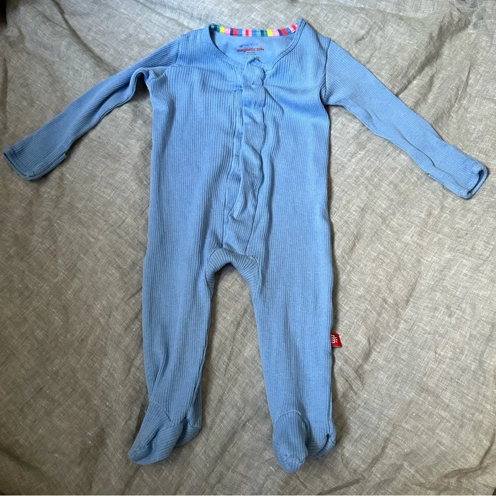 Magnetic Me Blue Ribbed Magnetic One Piece Footie Organic Cotton Modal 3-6 Month